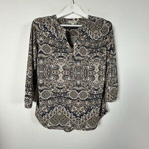 Dana Buchman Womens Paisley Print Tunic Top Medium 3/4 Sleeve Beige Navy Stretch